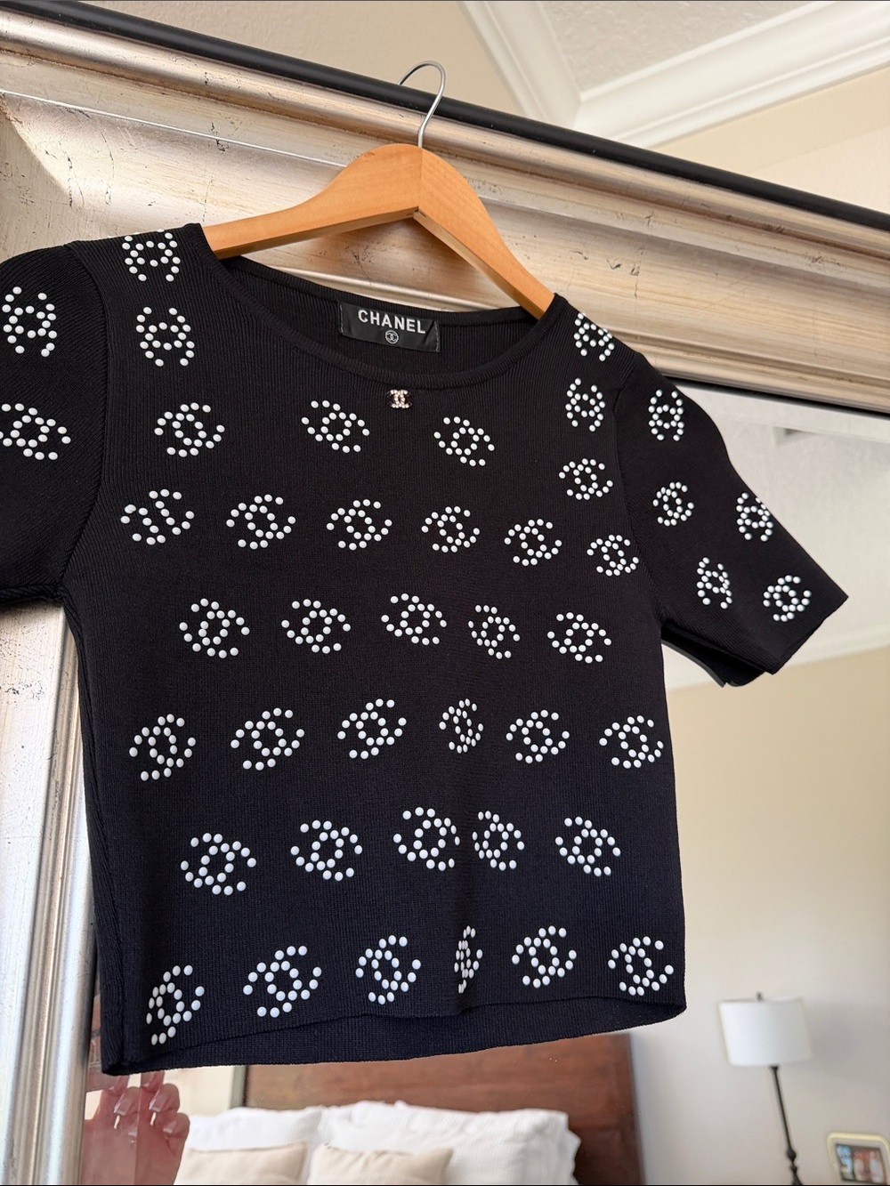 Black Short-Sleeve Cropped Logo Stud Knit Top